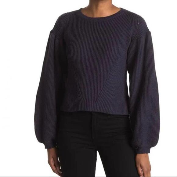 Nordstrom Maisie Puff Long Sleeve Dark Blue Ribbed Sweater Size S Small New - Picture 1 of 10